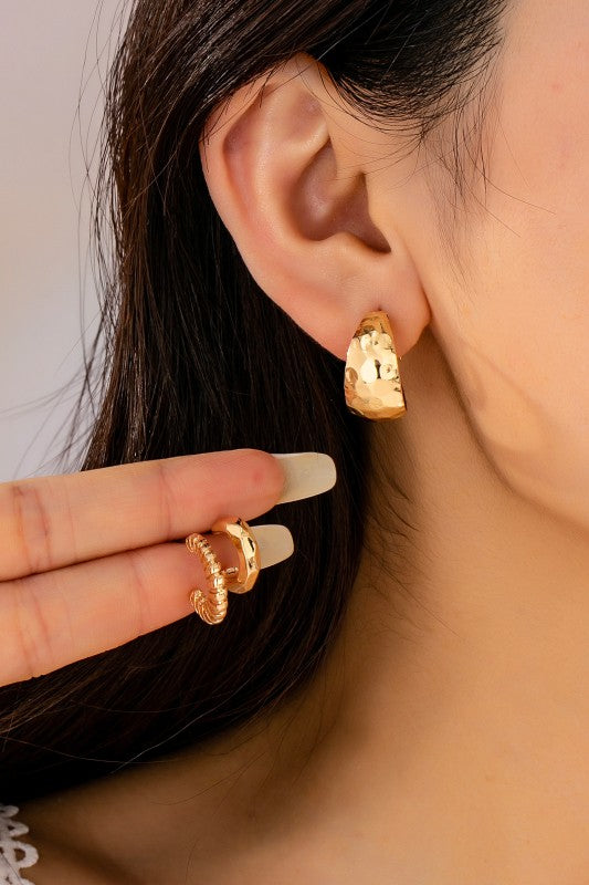 Mixed Texture Gold Crescent Hoop Trio Earring Set