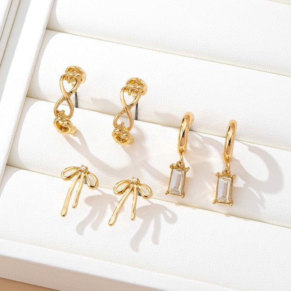 Baguette Stone Hoop, Bow Trio Earring Set