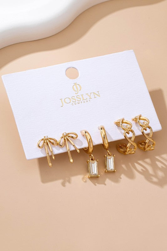 Baguette Stone Hoop, Bow Trio Earring Set