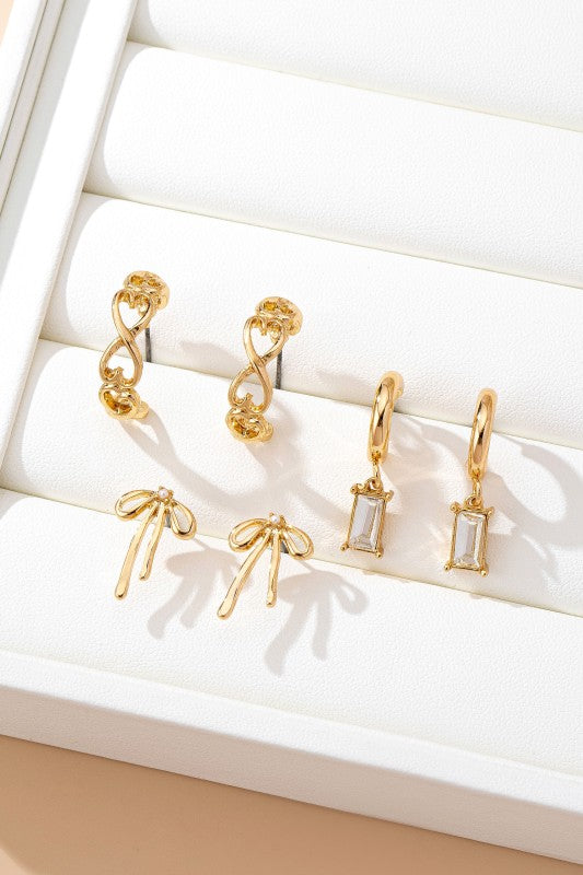 Baguette Stone Hoop, Bow Trio Earring Set