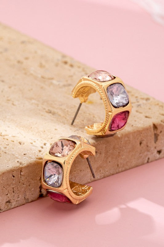 Gold Tone Multi Color Gem Crystal Hoop Earrings