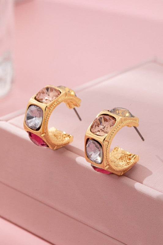 Gold Tone Multi Color Gem Crystal Hoop Earrings