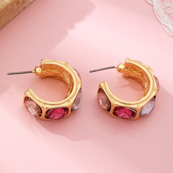 Gold Tone Multi Color Gem Crystal Hoop Earrings