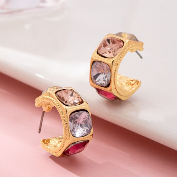 Gold Tone Multi Color Gem Crystal Hoop Earrings
