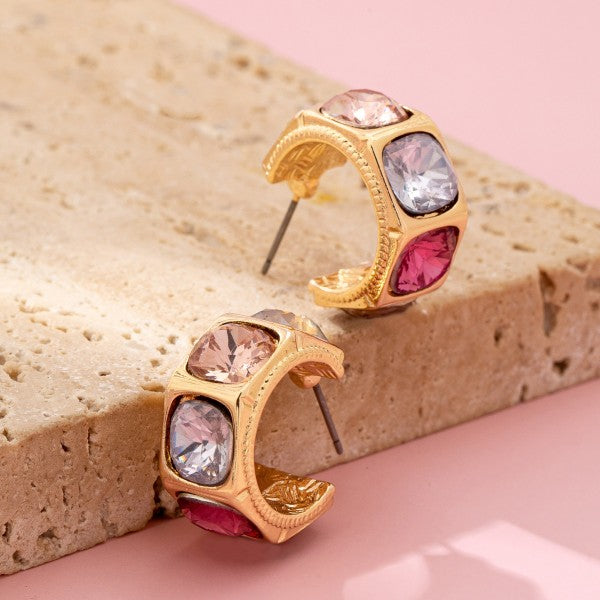 Gold Tone Multi Color Gem Crystal Hoop Earrings
