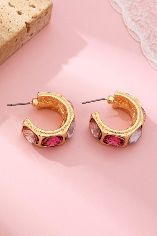 Gold Tone Multi Color Gem Crystal Hoop Earrings