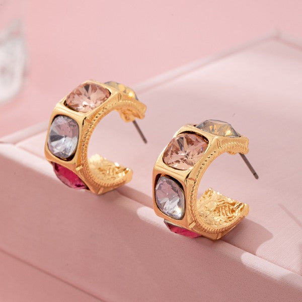 Gold Tone Multi Color Gem Crystal Hoop Earrings