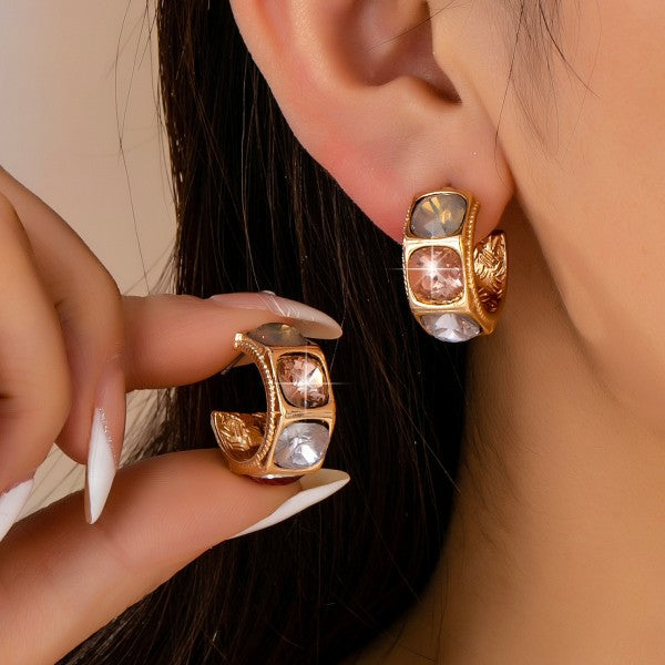 Gold Tone Multi Color Gem Crystal Hoop Earrings