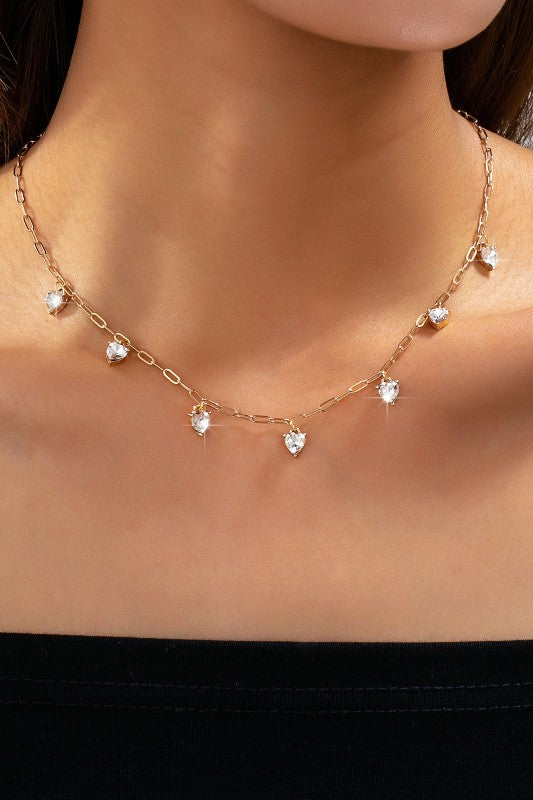 Vera Crystal Heart Shape Paperclip Link Necklace