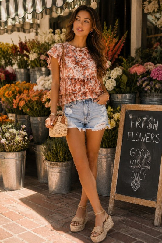 Watercolor Floral Tiered Blouse