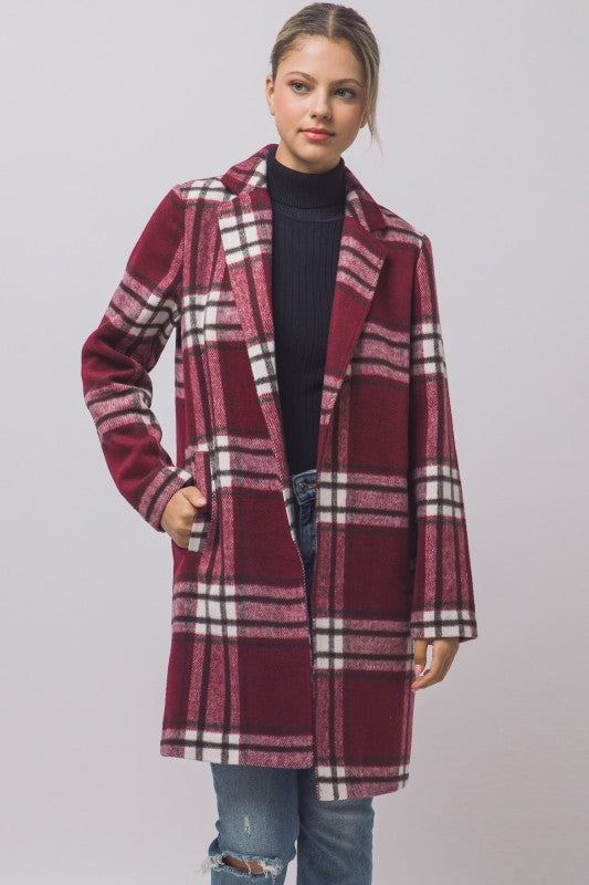 Plaid Coat - Burgundy
