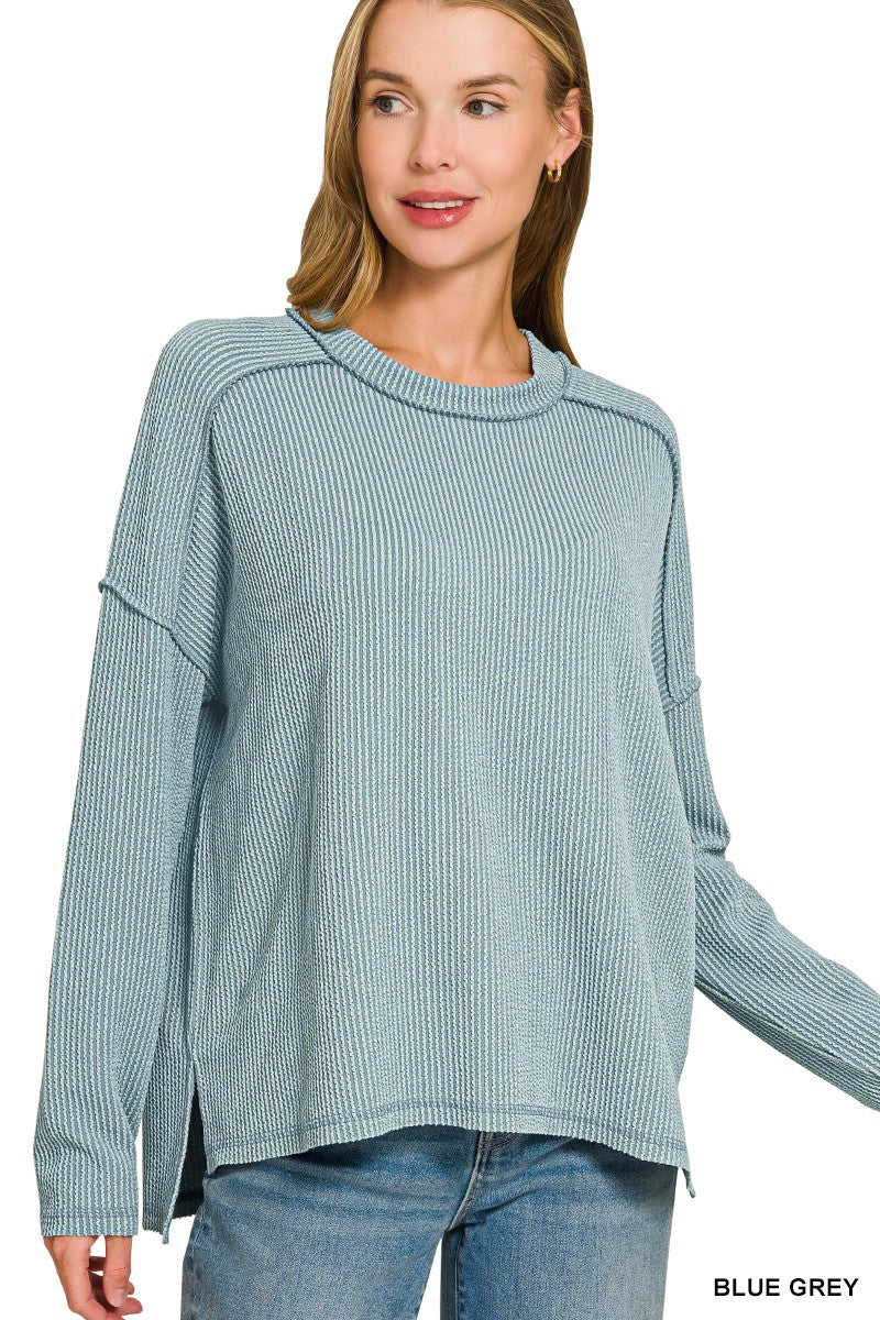 Cloud Nine Ribbed Long Sleeve Top - Blue Grey
