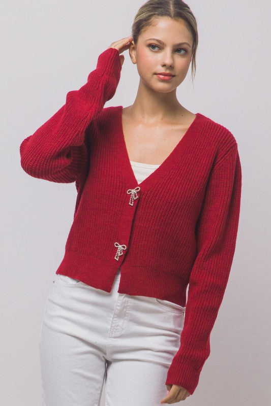 Rhinestone Bow Cardigan - Wine