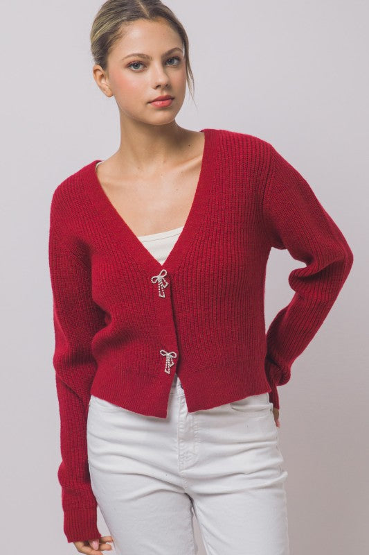 Rhinestone Bow Cardigan - Wine