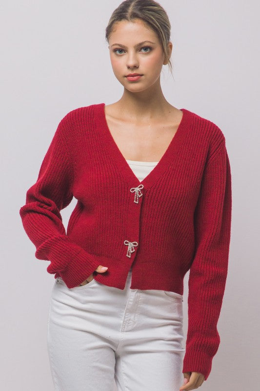 Rhinestone Bow Cardigan - Wine
