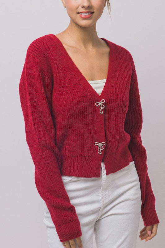 Rhinestone Bow Cardigan - Wine