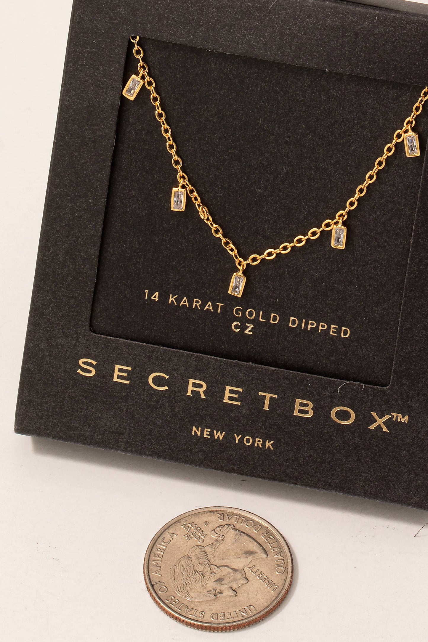 Secret Box Gold Dipped Cz Baguette Charms Necklace