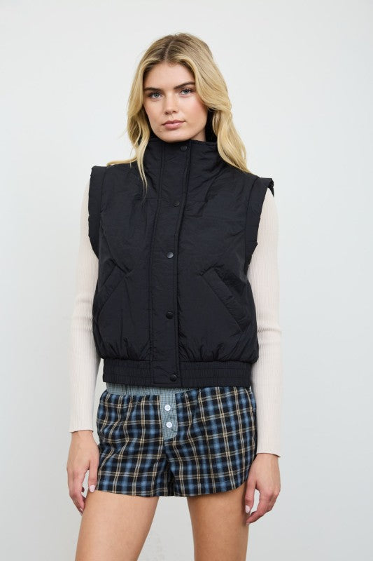 Mock Neck Snap Puffer Vest - Black