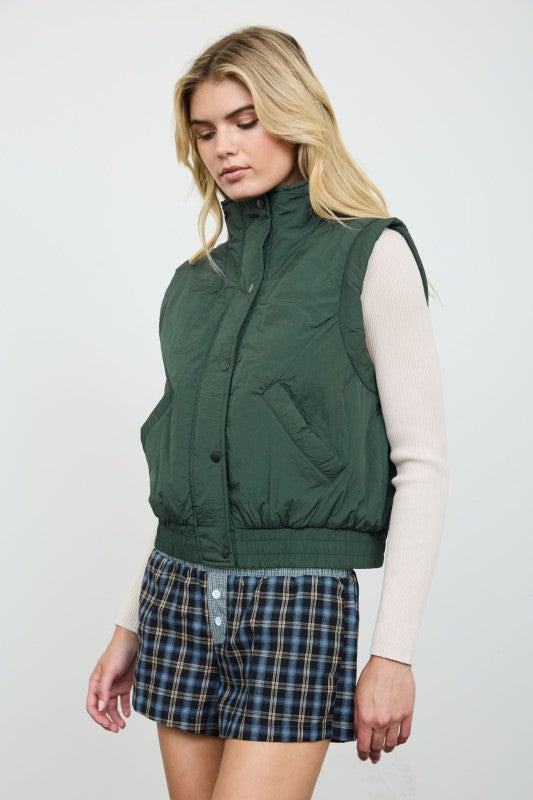 Mock Neck Snap Puffer Vest - Hunter Green