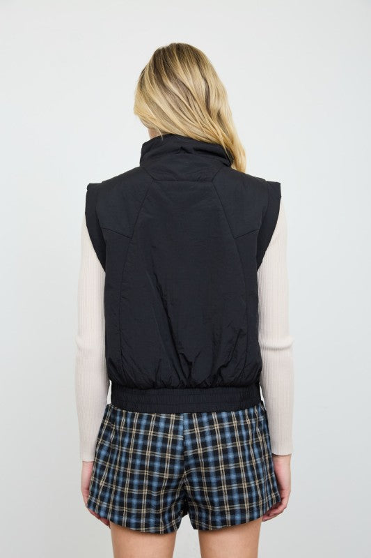 Mock Neck Snap Puffer Vest - Black