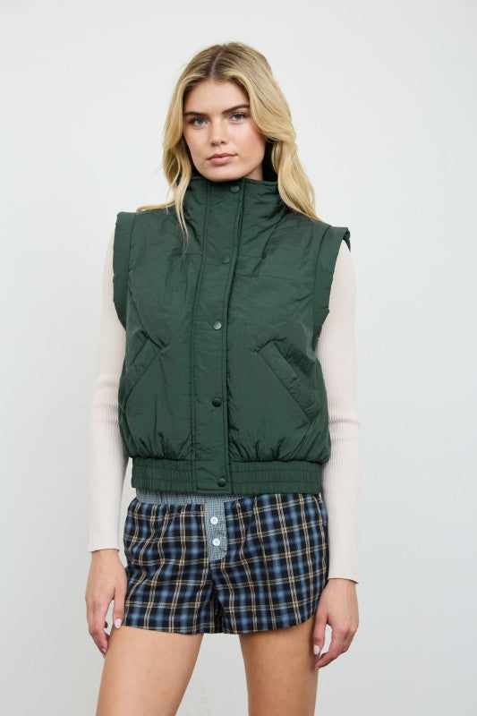 Mock Neck Snap Puffer Vest - Hunter Green