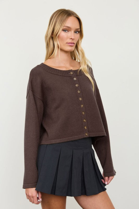 Boxy Button Down Cardigan - Espresso