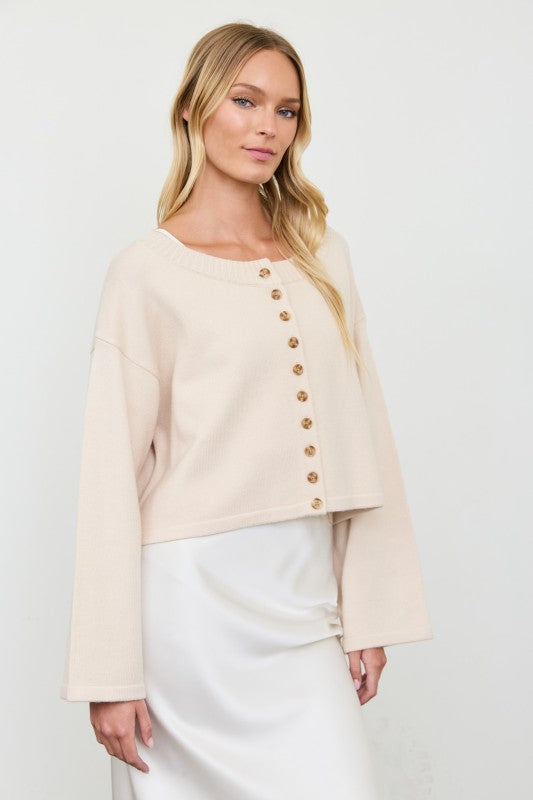 Boxy Button Down Cardigan - Khaki
