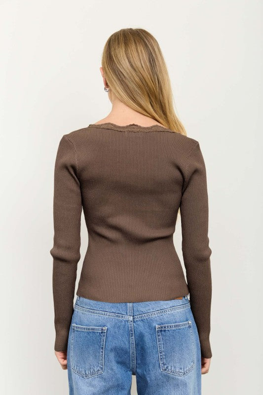 Square Neck Lace Trim Ribbed Top - Brown