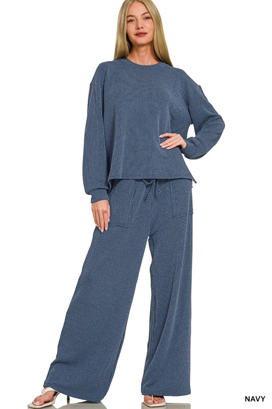 Wear Everywhere Ribbed Long Sleeve Set - Navy
