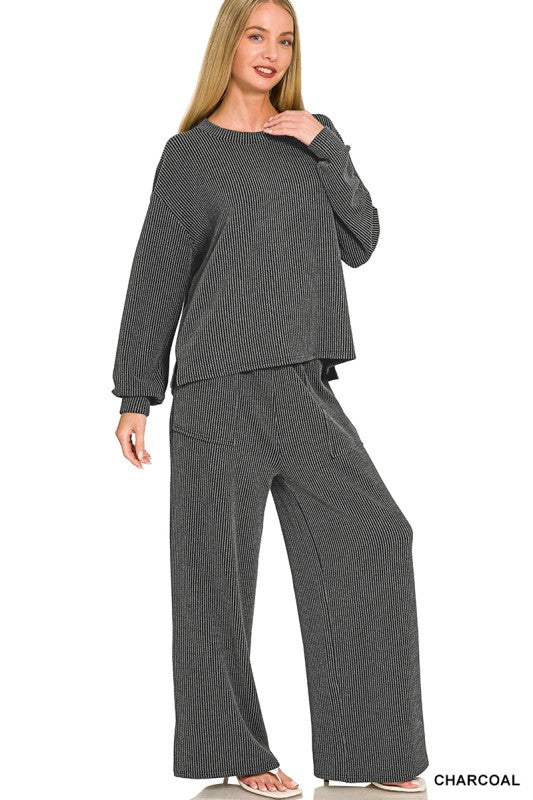 Wear Everywhere Ribbed Long Sleeve Set - Charcoal