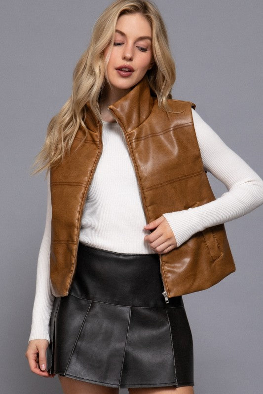 Fireside Faux Leather Vest -  Caramel