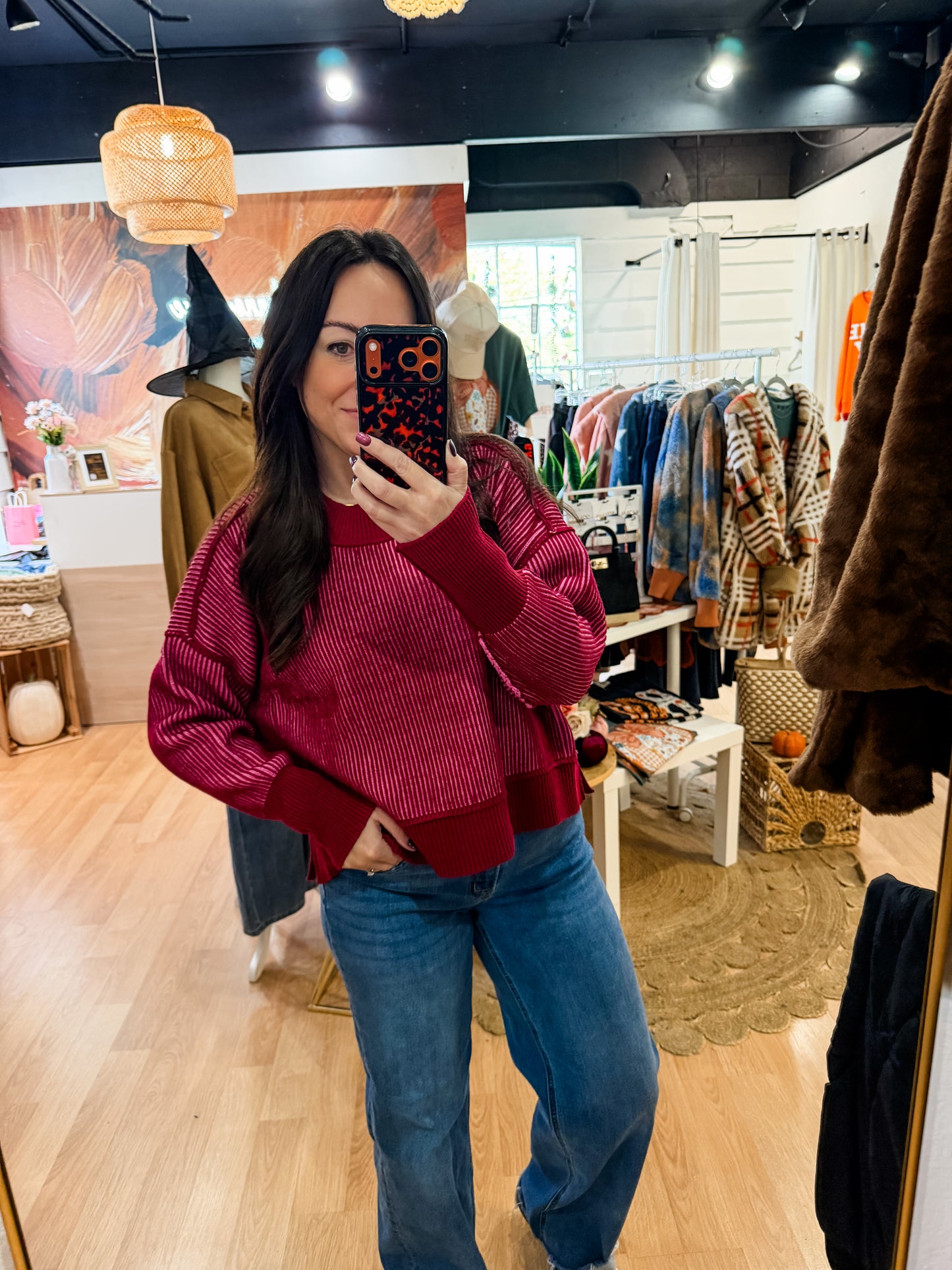 Exposed Seam Sweater - Cabernet/Candy Pink