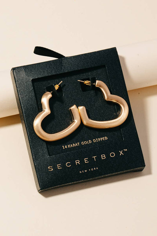 Secret Box Brushed Gold Dipped Tube Hoop Heart Earrings