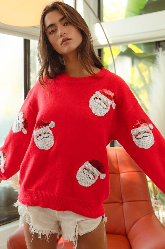 Sequin Santa Patch Pullover Sweater - Red