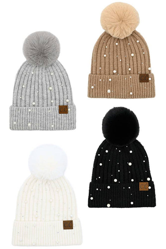 C.C Pearl Embellishments Pom Beanie - 4 Colors