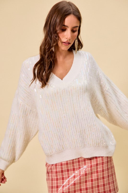Holiday Clear Sequins Christmas V Neck Sweater Top