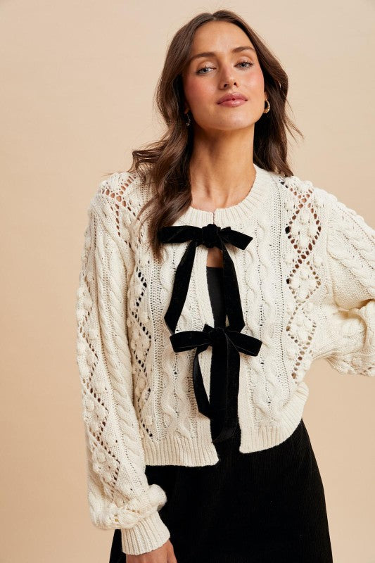 My Darling Cable Knit Cardigan With Ribbon Tie