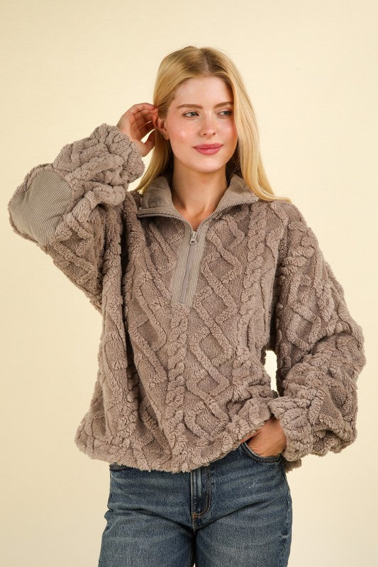 Fuzzy Feelings Cozy Cable Pattern Fleece Pullover - Charcoal