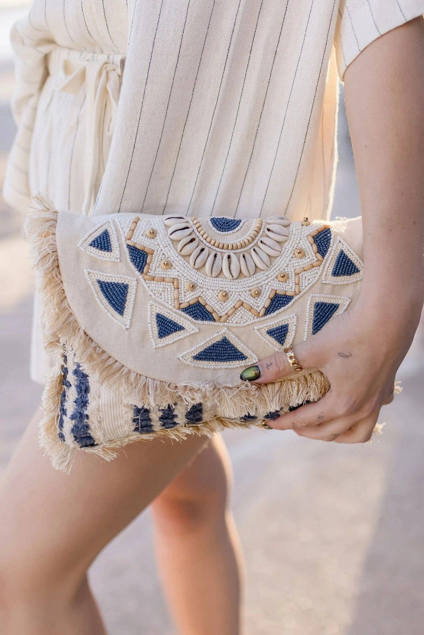 Seashore Beaded Fringe Foldover Clutch
