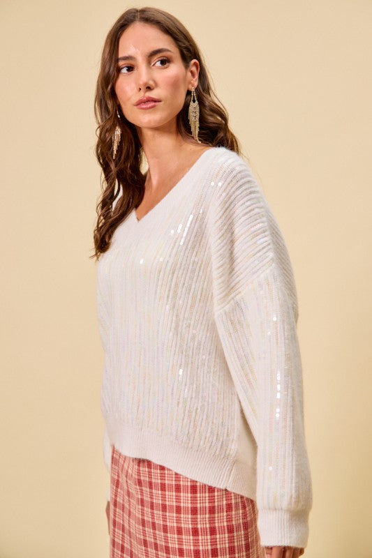 Holiday Clear Sequins Christmas V Neck Sweater Top