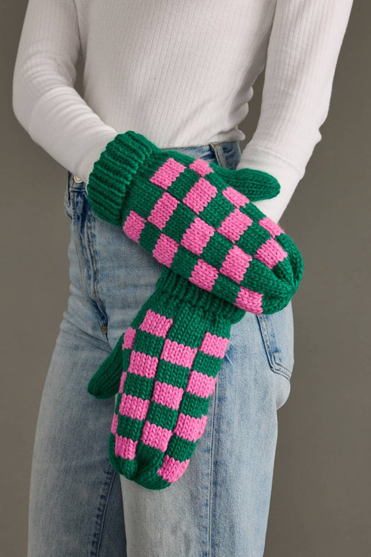 Green & Pink Checkered Mittens
