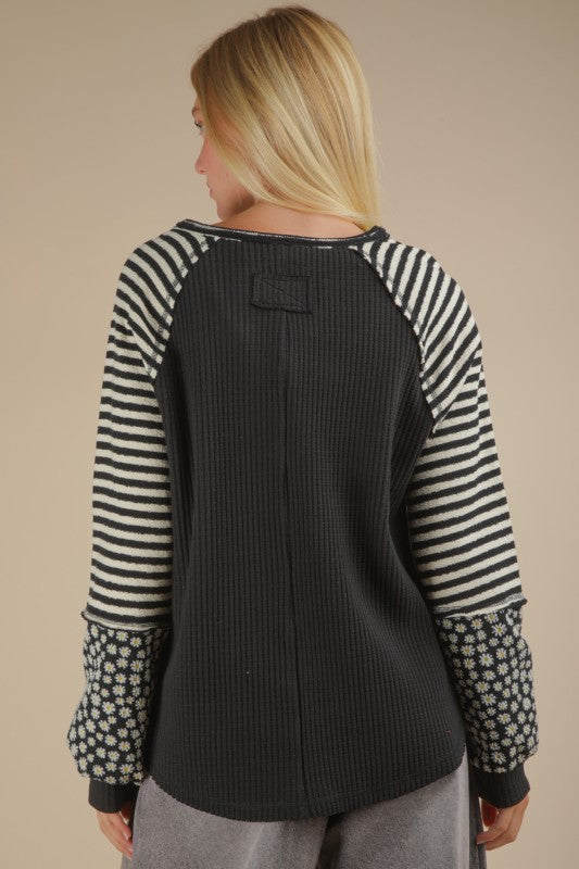 Pumpkin Patch Floral & Stripe Knit Top - Black