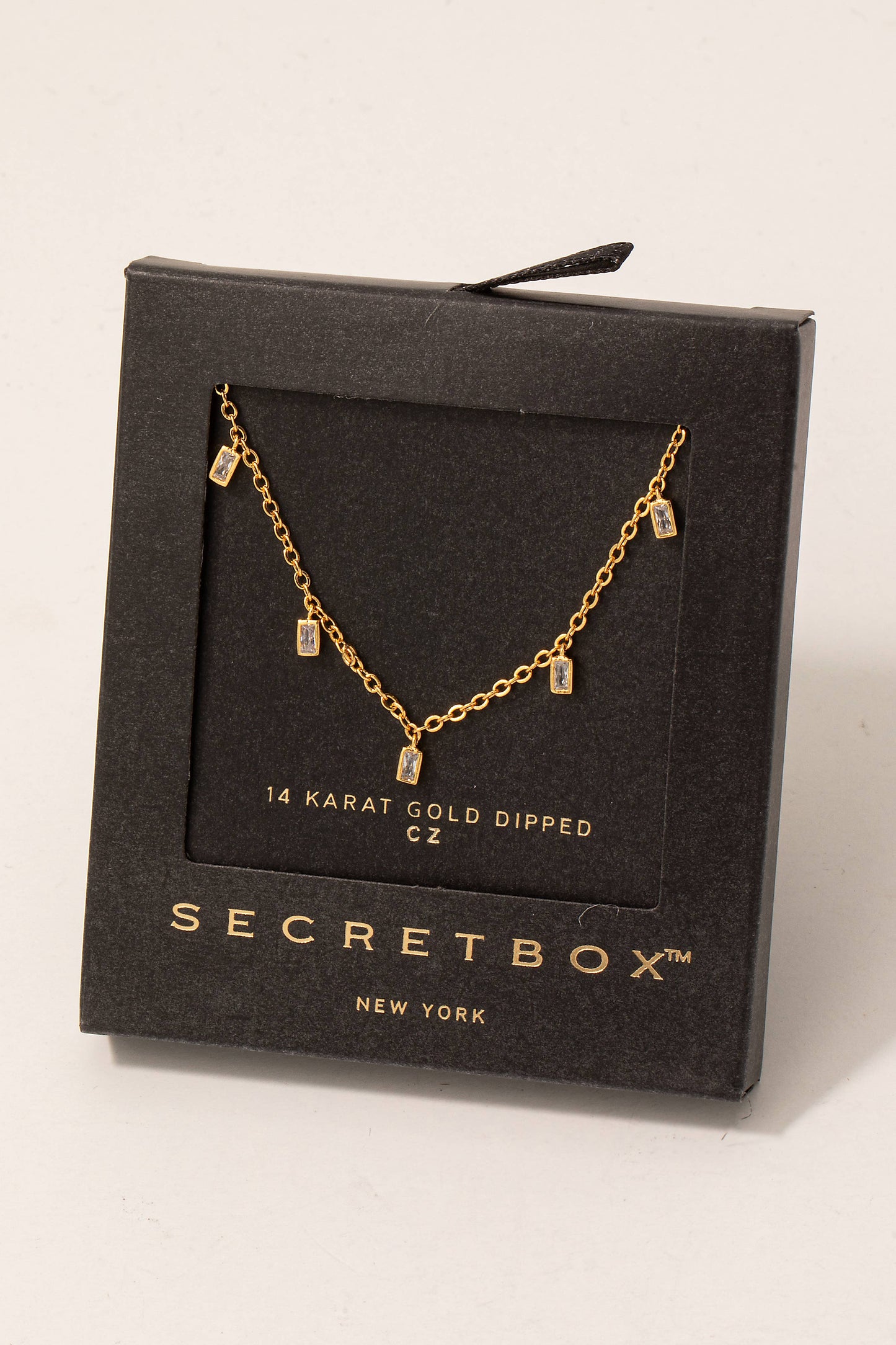 Secret Box Gold Dipped Cz Baguette Charms Necklace