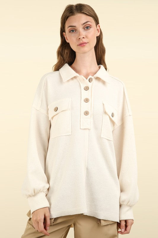 Let It Be Collared Button Down Henley - Cream