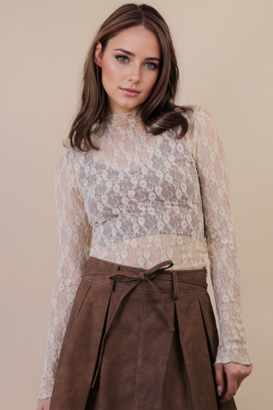 Sweet Side High Neck Floral Mesh Lace Layering Top - Champagne