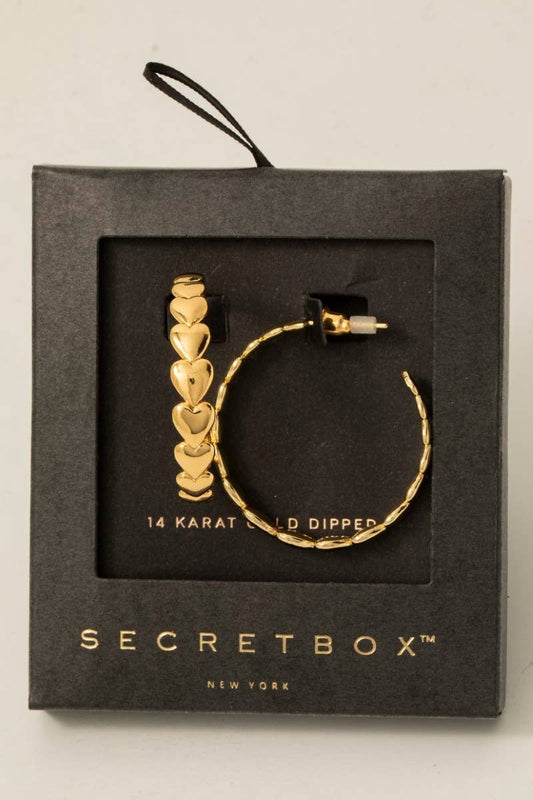 Secret Box Gold Dipped Solid Heart Link Hoop Earrings