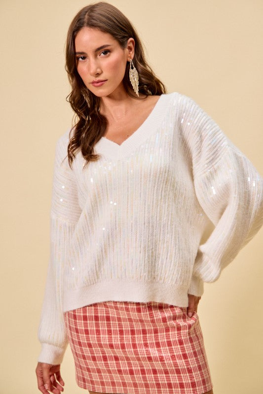 Holiday Clear Sequins Christmas V Neck Sweater Top