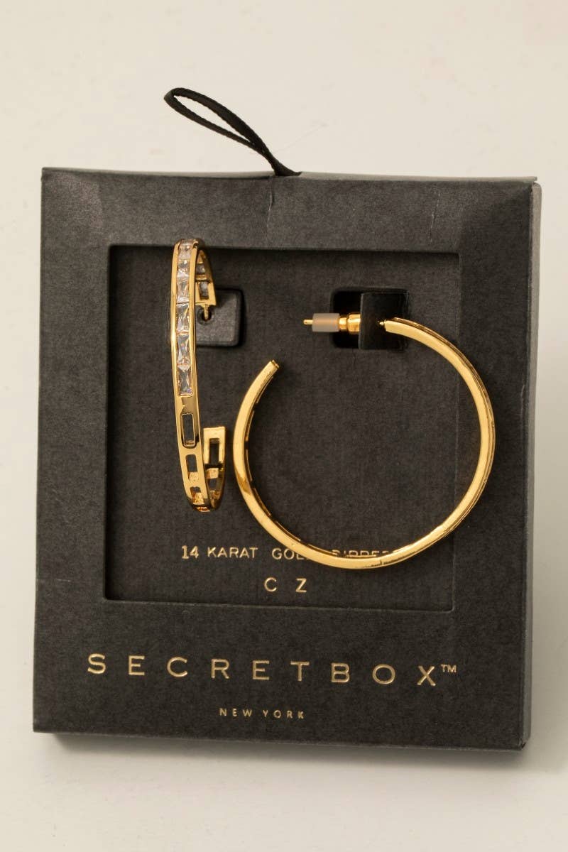 Secret Box Gold Dipped Cz Baguette Pave Hoop Earrings