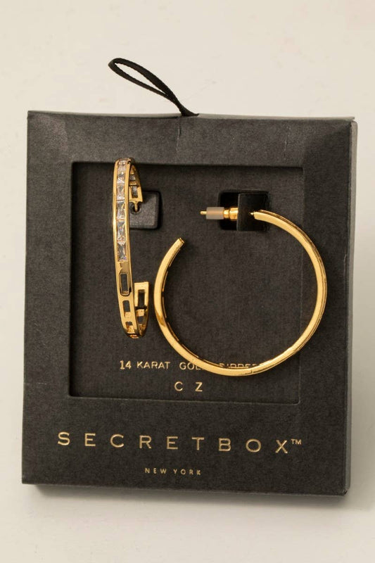 Secret Box Gold Dipped Cz Baguette Pave Hoop Earrings
