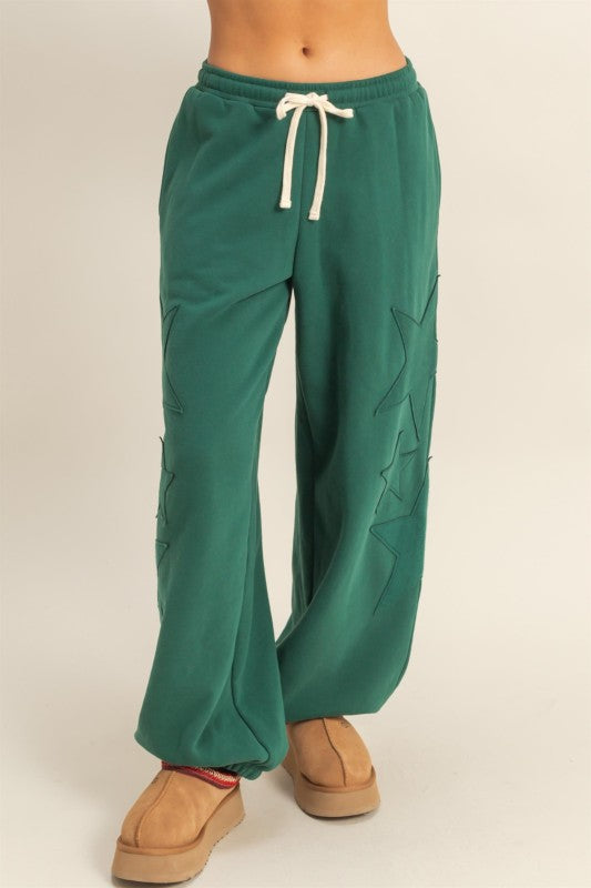 Dream State Star Patch Drawstring Joggers - Dark Green